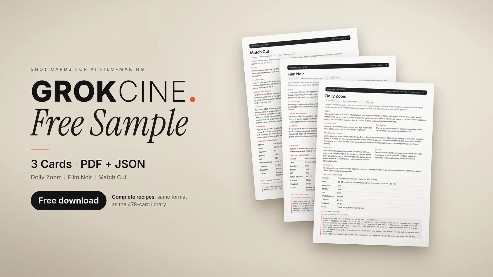 GrokCine free sample: the Dolly Zoom, Film Noir and Match Cut cards as PDF plus JSON